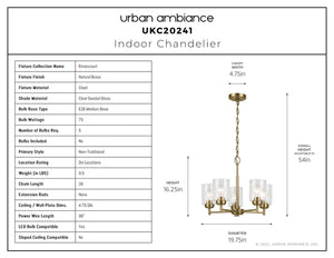 Urban Ambiance - Chandelier - UKC20241 New Traditional Indoor Chandelier, 16.25''H x 19.75''W x 19.75''Dep, Natural Brass Finish, Ravencourt Collection - 