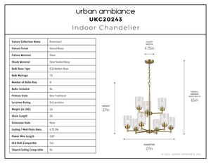 Urban Ambiance - Chandelier - UKC20243 New Traditional Indoor Chandelier, 27''H x 27''W x 27''Dep, Natural Brass Finish, Ravencourt Collection - 