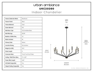 Urban Ambiance - Chandelier - UKC20260 Modern Indoor Chandelier, 20.5''H x 38.25''W x 38.25''Dep, Black Finish, Brookhaven Collection - 