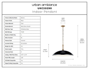 Urban Ambiance - Pendant - UKC20290 Industrial Indoor Pendant, 12.75''H x 24.25''W x 24.25''Dep, Black Finish, Belvarra Collection - 
