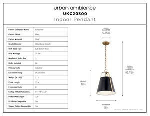 Urban Ambiance - Pendant - UKC20300 Industrial Indoor Pendant, 17''H x 13''W x 13''Dep, Black Finish, Crestwood Collection - 
