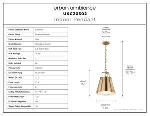 Urban Ambiance - Pendant - UKC20302 Industrial Indoor Pendant, 17''H x 13''W x 13''Dep, Champagne Bronze Finish, Crestwood Collection - 