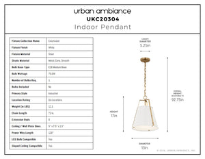 Urban Ambiance - Pendant - UKC20304 Industrial Indoor Pendant, 17''H x 13''W x 13''Dep, White Finish, Crestwood Collection - 