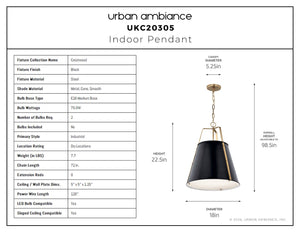 Urban Ambiance - Pendant - UKC20305 Industrial Indoor Pendant, 22.5''H x 18''W x 18''Dep, Black Finish, Crestwood Collection - 