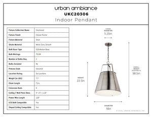 Urban Ambiance - Pendant - UKC20306 Industrial Indoor Pendant, 22.5''H x 18''W x 18''Dep, Classic Pewter Finish, Crestwood Collection - 