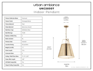 Urban Ambiance - Pendant - UKC20307 Industrial Indoor Pendant, 22.5''H x 18''W x 18''Dep, Champagne Bronze Finish, Crestwood Collection - 