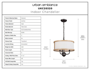 Urban Ambiance - Chandelier - UKC20320 Transitional Indoor Chandelier, 13.25''H x 15.5''W x 15.5''Dep, Anvil Iron Finish, Evermont Collection - 