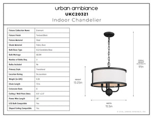 Urban Ambiance - Chandelier - UKC20321 Transitional Indoor Chandelier, 13.25''H x 15.5''W x 15.5''Dep, Textured Black Finish, Evermont Collection - 