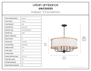 Urban Ambiance - Chandelier - UKC20323 Transitional Indoor Chandelier, 17''H x 30.5''W x 30.5''Dep, Anvil Iron Finish, Evermont Collection - 