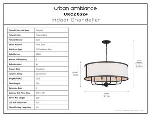 Urban Ambiance - Chandelier - UKC20324 Transitional Indoor Chandelier, 17''H x 30.5''W x 30.5''Dep, Textured Black Finish, Evermont Collection - 