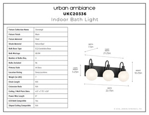 Urban Ambiance - Bath Light - UKC20336 Art Deco Indoor Bath Light, 10.25''H x 22.75''W x 7.5''Dep, Black Finish, Stoneleigh Collection - 