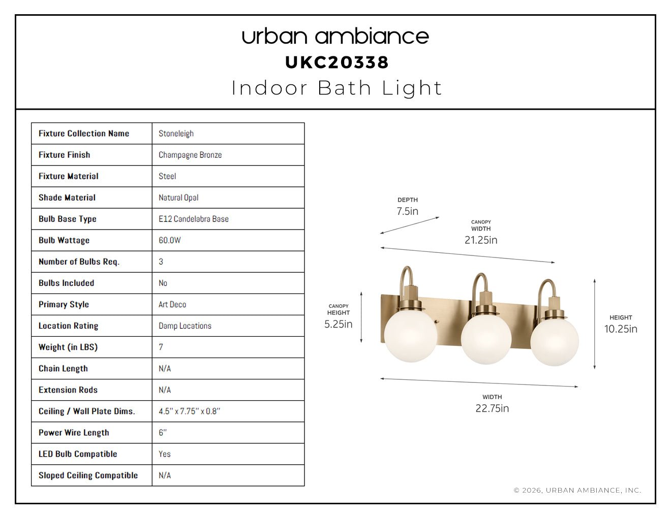 UKC20338 Art Deco Indoor Bath Light, 10.25''H x 22.75''W x 7.5