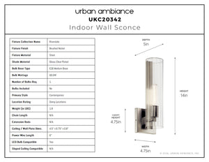 Urban Ambiance - Wall Sconce - UKC20342 Contemporary Indoor Wall Sconce, 14''H x 4.75''W x 5''Dep, Brushed Nickel Finish, Rivendale Collection - 