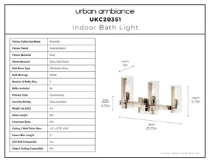 Urban Ambiance - Bath Light - UKC20351 Contemporary Indoor Bath Light, 9.75''H x 22.75''W x 5''Dep, Polished Nickel Finish, Rivendale Collection - 
