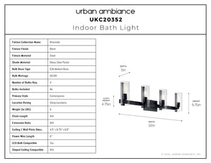 Urban Ambiance - Bath Light - UKC20352 Contemporary Indoor Bath Light, 9.75''H x 32''W x 5''Dep, Black Finish, Rivendale Collection - 