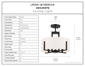 Urban Ambiance - Pendant - UKC20370 Transitional Ceiling Fixture, 14.25''H x 15.5''W x 15.5''Dep, Black Finish, Oakmont Collection -