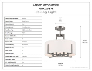 Urban Ambiance - Ceiling Light - UKC20371 Transitional Ceiling Light, 14.25''H x 15.5''W x 15.5''Dep, Classic Pewter Finish, Oakmont Collection -