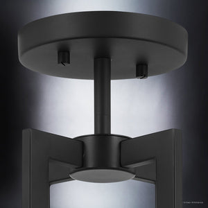 Close-up view of the Urban Ambiance UKC20373 Transitional Indoor Ceiling Light from the Oakmont Collection, featuring a modern black finish, cylindrical base, and vertical supports. Measuring 14.5''H x 20''W x 20''Dep, this ceiling light blends contemporary style with timeless appeal against a softly lit background.