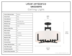 Rectangular product listing for the Urban Ambiance UKC20373 Transitional Indoor Ceiling Light from the Oakmont Collection, featuring a specs table on the left and a labeled image of its 14.5''H x 20''W x 20''Dep dimensions on the right; this sleek black-finished ceiling light showcases a drum-shaped fabric shade with a black metal frame and white shade, making it an ideal choice for modern interiors.