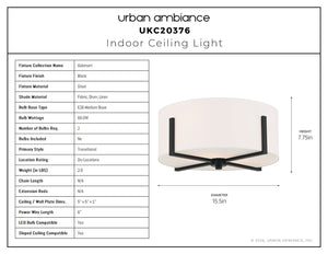 Urban Ambiance - Ceiling Light - UKC20376 Transitional Indoor Ceiling Light, 7.75''H x 15.5''W x 15.5''Dep, Black Finish, Oakmont Collection - 