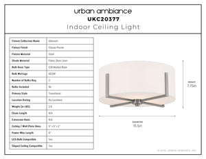 Urban Ambiance - Ceiling Light - UKC20377 Transitional Indoor Ceiling Light, 7.75''H x 15.5''W x 15.5''Dep, Classic Pewter Finish, Oakmont Collection - 