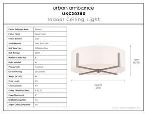 Urban Ambiance - Ceiling Light - UKC20380 Transitional Indoor Ceiling Light, 8.25''H x 20''W x 20''Dep, Classic Pewter Finish, Oakmont Collection - 