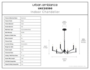 Urban Ambiance - Chandelier - UKC20390 Classic Indoor Chandelier, 17.75''H x 32''W x 32''Dep, Black Finish, Brentwick Collection - 