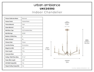 Urban Ambiance - Chandelier - UKC20392 Classic Indoor Chandelier, 17.75''H x 32''W x 32''Dep, Polished Nickel Finish, Brentwick Collection - 