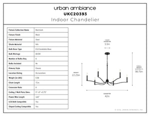 Urban Ambiance - Chandelier - UKC20393 Classic Indoor Chandelier, 22.25''H x 42''W x 42''Dep, Black Finish, Brentwick Collection - 