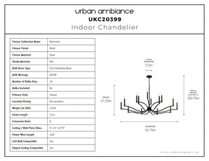 Urban Ambiance - Chandelier - UKC20399 Classic Indoor Chandelier, 27.25''H x 52.75''W x 52.75''Dep, Black Finish, Brentwick Collection - 