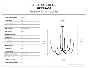 Urban Ambiance - Chandelier - UKC20402 Modern Indoor Chandelier, 43.5''H x 45.25''W x 45.25''Dep, Black Finish, Brentwick Collection - 