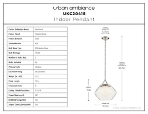 Urban Ambiance - Pendant - UKC20415 Art Deco Indoor Pendant, 16''H x 16.5''W x 16.5''Dep, Polished Nickel Finish, Hawthorne Collection - 