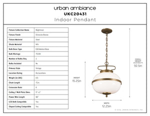 Urban Ambiance - Pendant - UKC20431 Vintage Indoor Pendant, 15.25''H x 12.25''W x 12.25''Dep, Character Bronze Finish, Brightmoor Collection - 