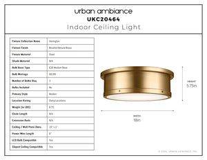 Urban Ambiance - Ceiling Light - UKC20464 Modern Indoor Ceiling Light, 5.75''H x 18''W x 18''Dep, Brushed Natural Brass Finish, Harrington Collection - 