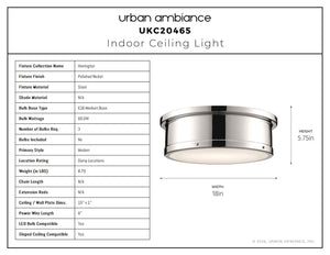 Urban Ambiance - Ceiling Light - UKC20465 Modern Indoor Ceiling Light, 5.75''H x 18''W x 18''Dep, Polished Nickel Finish, Harrington Collection - 