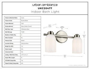 Urban Ambiance - Bath Light - UKC20477 Modern Indoor Bath Light, 9''H x 15''W x 5.5''Dep, Brushed Nickel Finish, Inverly Collection - 