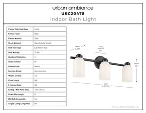 Urban Ambiance - Bath Light - UKC20478 Modern Indoor Bath Light, 9''H x 24.25''W x 5.5''Dep, Black Finish, Inverly Collection - 