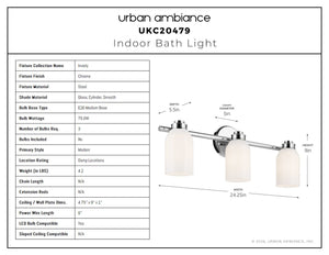 Urban Ambiance - Bath Light - UKC20479 Modern Indoor Bath Light, 9''H x 24.25''W x 5.5''Dep, Chrome Finish, Inverly Collection - 
