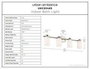 Urban Ambiance - Bath Light - UKC20485 Modern Indoor Bath Light, 9''H x 32''W x 5.5''Dep, Brushed Nickel Finish, Inverly Collection - 