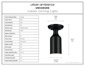 Urban Ambiance - Ceiling Light - UKC20490 Minimalist Indoor Ceiling Light, 9''H x 5''W x 5''Dep, Black Finish, Kenridge Collection - 