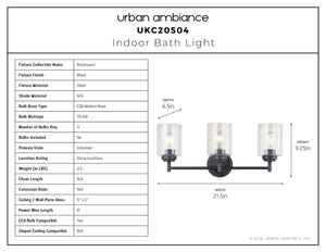 Urban Ambiance - Bath Light - UKC20504 Industrial Indoor Bath Light, 9.25''H x 21.5''W x 6.5''Dep, Black Finish, Ravencourt Collection - 