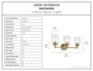 Urban Ambiance - Bath Light - UKC20505 Industrial Indoor Bath Light, 9.25''H x 21.5''W x 6.5''Dep, Natural Brass Finish, Ravencourt Collection - 