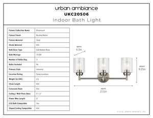 Urban Ambiance - Bath Light - UKC20506 Industrial Indoor Bath Light, 9.25''H x 21.5''W x 6.5''Dep, Brushed Nickel Finish, Ravencourt Collection - 