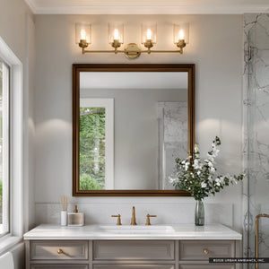 Urban Ambiance - Bath Light - UKC20509 Industrial Indoor Bath Light, 9.25''H x 30''W x 6.5''Dep, Natural Brass Finish, Ravencourt Collection - 