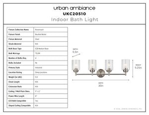 Urban Ambiance - Bath Light - UKC20510 Industrial Indoor Bath Light, 9.25''H x 30''W x 6.5''Dep, Brushed Nickel Finish, Ravencourt Collection - 
