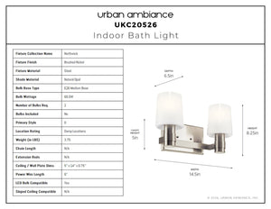 Urban Ambiance - Bath Light - UKC20526 Contemporary Indoor Bath Light, 8.25''H x 14.5''W x 6.5''Dep, Brushed Nickel Finish, Northwick Collection -