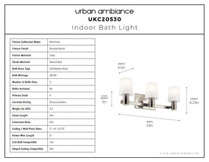 Urban Ambiance - Bath Light - UKC20530 Contemporary Indoor Bath Light, 8.25''H x 24''W x 6.5''Dep, Brushed Nickel Finish, Northwick Collection -