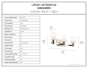 Urban Ambiance - Bath Light - UKC20531 Contemporary Indoor Bath Light, 8.25''H x 24''W x 6.5''Dep, Polished Nickel Finish, Northwick Collection -