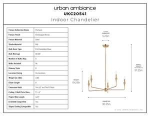 Urban Ambiance - Chandelier - UKC20541 Luxe Industrial Indoor Chandelier, 19.25''H x 30.25''W x 30.25''Dep, Champagne Bronze Finish, Penhurst Collection -