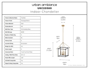 Urban Ambiance - Chandelier - UKC20580 Transitional Indoor Chandelier, 21.25''H x 16''W x 16''Dep, Champagne Bronze Finish, Thornfield Collection -